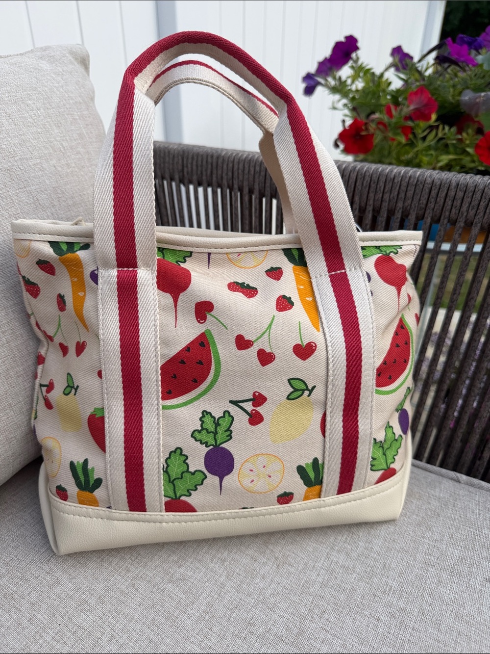 Betsey Johnson Canvas Fruit Print Crossbody Bag with Red Pom Charm NWOT - Picture 2 of 10